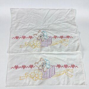 Vintage Embroidered Cross Stitch Pillow Case (2) Kitty Cat Gift Box Bows Hearts
